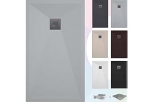 SOULBATH Plato de Ducha - Resina - Textura Liso/Piedra - Antideslizante - Color Gris - 140X70- Extraplano - Resistente Gel Coat - Incluye Válvula desagüe y Rejilla