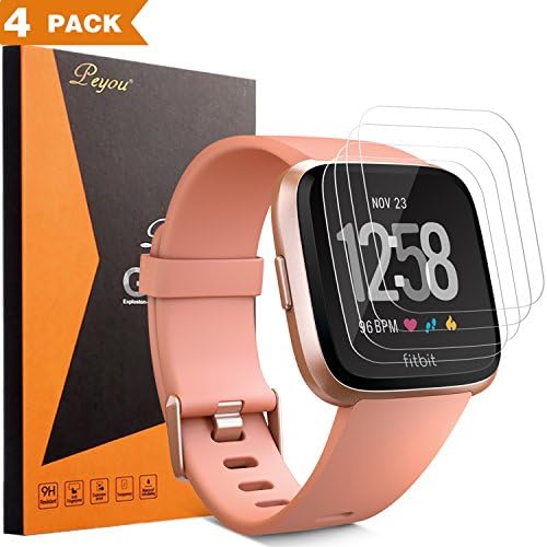 PEYOU Screen Protector Glass Compatible for Fitbit Versa [4 Pack], Premium Tempered Glass Screen Protector Crystal Clear/9H Hardness Shatter-Proof/Bubble-Free/Anti-Scratch Screen Film