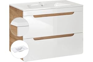 ‎LOMADOX Lomadox Waschtisch mit Unterschrank Hochglanz weiß Wotan Eiche Nb., 81 cm Keramik Waschbecken, Softclose-Schubkästen