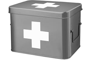 Flexzion Medizinbox, Hausapotheke box, Apothekenbox - 33x21x19cm Medikamenten Aufbewahrung Box aus Metall für Notfall, Erste Hilfe Schrank, mit Seitengriffen, abnehmbarem Tablett & 5 Fächern, Grau