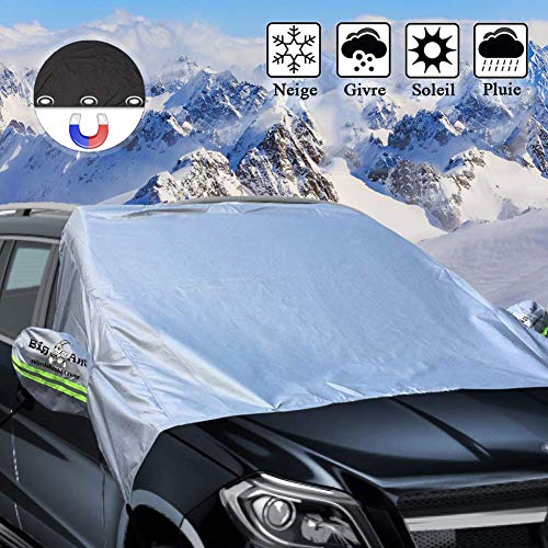 Big Ant Couverture Pare-Brise Voiture, Couverture Pare Brise Protection Bache Pare-Brise Magnétique Couverture Universelle pour Voiture Anti Givre, Neige, Pluie, Soleil (Epaisse)