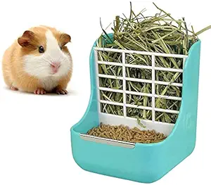 QSLQYB Rabbit Feeder Bunny Guinea Pig Hay Feeder, Hay Food Bin Feeder, Hay and Food Feeder Bowls Manger Rack for Rabbit Guinea Pig Chinchilla (Light Blue)