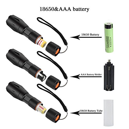 Coomatec Zoombar Superhelle Taktische LED Taschenlampe Set,Inklusive 2 18650 Li-ion Akku und USB Ladegerät – Coomatec SD-100 Outdoor Wasserdicht LED Camping Handlampe, Mit einstellbarem Fokussierbar, 900 lumen - 8