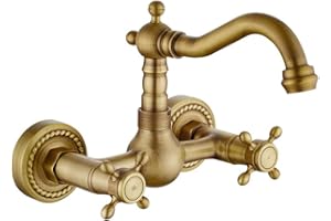 GHOPY Grifo de Cocina de Pared Vintage Giro de 360 ​​° Estilo Europeo Casa Decoracion Minimalista de Cobre Pared Grifo de Cocina Puede Rotar Cocina Lavabo Grifo de Agua Caliente y Fria