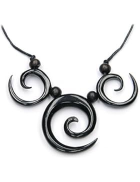 Collier Schmuck Kette, Anhänger Horn, Spiralen Schmuckcollier mit Holzperlen, an schwarzem Textilband, 6cm lang