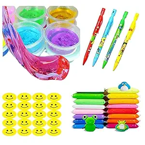 IMTION Kids Combo kit ( 3 Crystal Slime + 6 Pcs Bouncing Clay + 1 Pcs Mechanical Pencil + 35 Pcs Smile Striker ) 4 in 1 Combo Birthday Return Gift for Kids