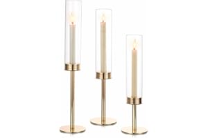 Portavelas de Oro Portavelas: Hewory 3pcs Huracán Titular de la Vela para Las Velas Cónicas, Palos de Metal Vela Titular con Cilindro de Vidrio para la Boda del Partido Comedor Mesa Centro de Mesa