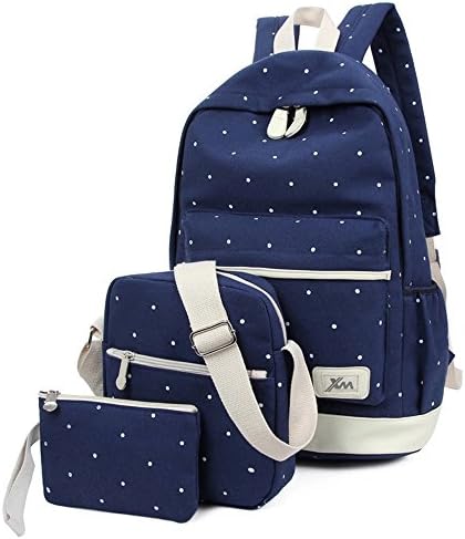 FULOZO® Dots Backpack student Bags Set for Teens Girls,Fashion Women Girls Travel Canvas Rucksack Tote School Shoulder Bag, Casual Daypack + Shoulder Bag + Pencil Pouch(Dark blue,3 PCS)