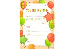 KIRSTEN MCMILLAN 32 Kids Childrens Birthday Party Invitations with Envelopes Invitation Pack of 32 Orange Balloon Invites - Designed and Printed in the UK