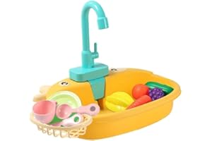 VIGOEXPRESS SINKIFUN zestaw zabawek kuchennych z funkcjonującym kranem, zlewozmywakiem, warzywami, owocami, koszem ociekowym, naczyniami, mydłem (żółtym)