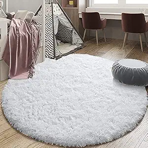 A R Creations Modern Polyester Anti Slip Round Shaggy Fluffy Fur Rug and Carpet for Living Room, Bedroom,Offices, Kitchens( 3x3 Feet)-White