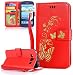 Produktbild Roreikes Schutzhülle für Samsung Galaxy J1 (2015) J100F, Hülle Muster Blume Strap Lanyard Wallet Cover Tasche golden Butterfly Blume PU Leder Flip Case Handytasche Muster Schutz Hüllen im Bookstyle Handyhülle Ledertasche mit Stand Funktion Kartenfächer Magnetverschluss Magnet Etui Schale Schutzhüllen für Samsung Galaxy J1 (2015) J100F - Rot