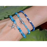 Armband Seestern Silber * Glasperlen in Blautönen