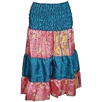 Mogul Interior Women's Skirts Printed Dresses Patchwork Pink Blue Ruched Waist Skirt M