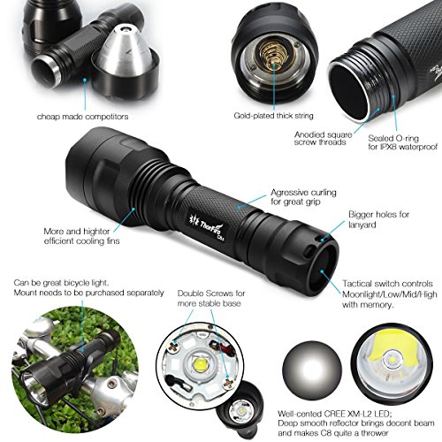 ThorFire C8s Taschenlampe, XM-L2 LED Taschenlampe Set mit 18650 Batterie und USB-Ladegerät für Radfahren Wandern Camping Jagen - 2