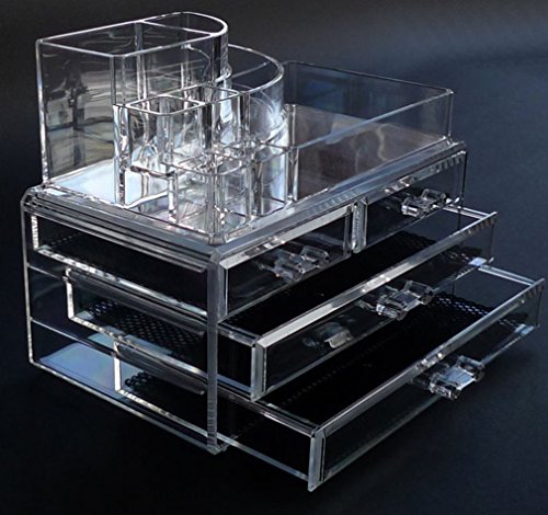 DOUBLE LAYER BEAUTY GLAM CLEAR ACRYLIC COSMETIC DRAWER / MAKE UP NAIL POLISH VARNISH DISPLAY STAND / ORGANISER / RACK / HOLDER CAN ALSO BE USED FOR MAKEUP BRUSH SETS, JEWELLERY AND ARTS AND CRAFT - 12 SECTIONS