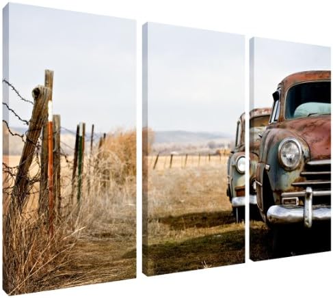 Canvas Picture Rusty Cars - 3 Panel Split Set stretched and mounted around three 10 x 20 inch (25cm x 51cm) wooden frames by Pixel Zone