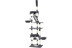 Yaheetech Drapak do sufitu XXL drzewko do wspinaczki z 2 jaskiniami dla kotów i koszem dla kota sizalowe drzewko dla kota z regulacją wysokości 228-255 cm, szaro-białe