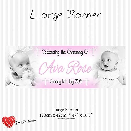 Personalised 2 Photo Personalised Christening, Baptism, Naming Day Party Photo Banner. Single or Packs of Banners (Large)