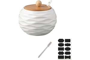 Rummyluck Céramique Sucrier Bols Bocaux d'Épices avec Cuillère & Couvercle en Bambou pour Servez le Sucre, Poivre, Épices, etc (12 * 8.5 * 10.5 CM, 500ML)