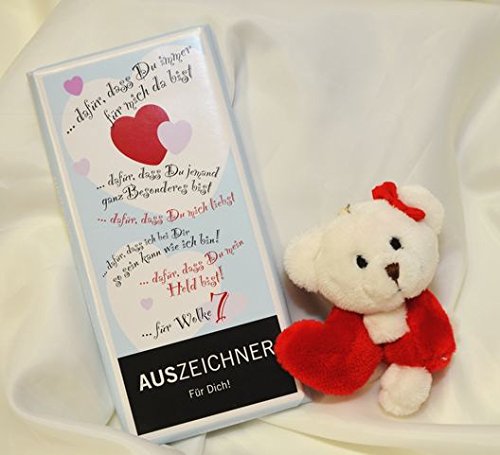 Preisvergleich Produktbild #110- Geschenkset: Plüsch Teddy mit Herz , 100 gr. Tafel Schokolade Auszeichner