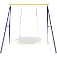 COSTWAY Metal Swing Frame, A-Frame Swings Stand with Ground Stakes, Carabiners & Foot Caps, for Garden Park Playground, Frame Only (Blue + Yellow)