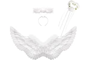 Winwild 3er Engelsflügel Weiß mit Heiligenschein & Zauberstab Set,Engel Flügel 60CM Engel Teufel Feen Kostüm Kinder Accessoires für Halloween Karneval Cosplay Party Fasching Verkleidung