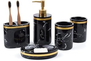 XUDREZ Juego de accesorios de baño, 5 piezas negro de lujo juego de baño con patrón de mármol, accesorios de baño titular de cepillo de dientes, dispensador de loción, tazas, jabonera