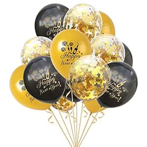15 Konfetti-Luftballons Für Silvester – Schwarz, Gold, Happy New Year, 25-30 Cm, Helium-geeignet