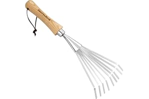 Berry&Bird Stainless Steel Hand Shrub Rakes, 9 Tines Fan Lawn Leaf Rake with Ergonomic Wooden Handle & Cowhide Lanyard, Small Gardening Grass Rake for Sweep Leaves and Debris Collection