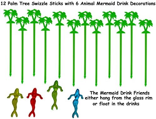 12x Palm Tree Cocktail Drink Stirrers, Swizzle Sticks with 6 Animal Tropical Drink Decorations