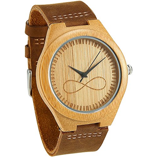 wonbee Herren Bambus Holz Uhren INFINITY Sign Design mit genarbtem Leder Gurt