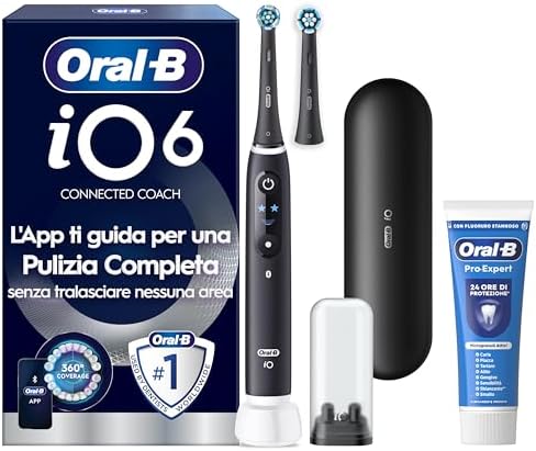 Oral-B iO 6 Spazzolino Elettrico Ricaricabile, con 2 Testine di Ricambio, Nero - 2 Testine di Ricambio per Spazzolino Elettrico, Custodia da Viaggio + 1 Dentifricio Pro Expert, Pulizia Denti Efficace