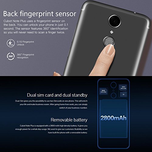 CUBOT Note Plus - Smartphone Android 7.0 Display Touchscreen FHD 4G 5.2 pollici, 3 GB di RAM da 32 GB, Nero