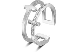 Aukmla Anillo de cruz de cristal de plata ajustable, anillo abierto cristiano, joyería religiosa para mujeres y niñas, sin talla, Plata de ley