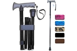 Life Healthcare Walking Stick Comfort Gel Handle For Arthritis, For Elderly Disabled, Folding Adjustable Height, Plain Black, Right Or Left Handed, With Non-Slip Rubber Tip, Wrist Strap, Lightweight