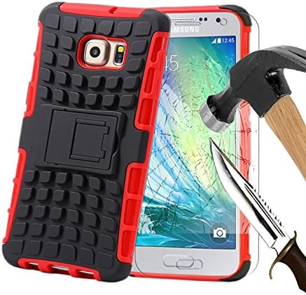 For Samsung Galaxy J3(2016), Armor Case Tough Rugged Shock proof Armorbox Dual Layer Heavy Duty Carrying Hybrid Hard Slim Protective Case For Galaxy J3(2016) (with Kickstand) + Tempered Glass Screen Protector-Red