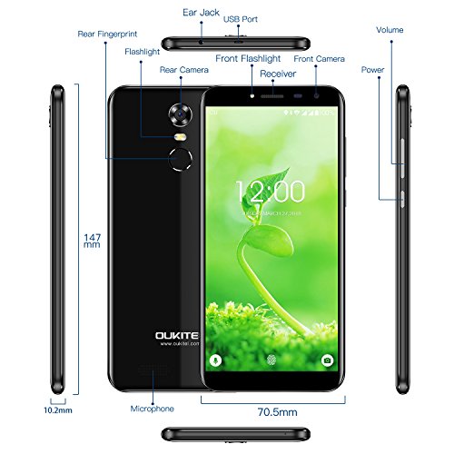 Oukitel C8 4G Smartphone 5.5 Zoll (18:9 Display) 3000mAh Akku Android 7 16GB Interner Speicher 2GB RAM 13MP Kamera Dual SIM Handy mit Fingerabdruck-Schwarz