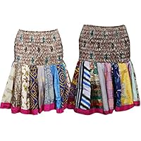 Mogul Interior 2 Pc Women's Multicoloured Mini Skirt High Waist Silk Sari Boho Skater Skirts S/M