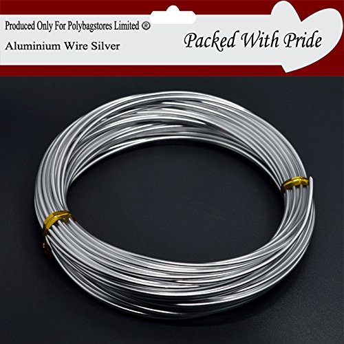2mm x 10 Metres - SILVER - Aluminium Craft Wire, Jewellery Modelling Florist Wire Findings - Available in 26 Colours - This Wire is produced and packaged especially for Polybagstores Limited® (Silver)