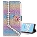 Produktbild Nadoli Leder Hülle für Galaxy J4 Plus 2018,Luxus Bling Glitzer Diamant 3D Handyhülle im Brieftasche-Stil Perle Herz Flip Schutzhülle Etui für Samsung Galaxy J4 Plus 2018,Lila#