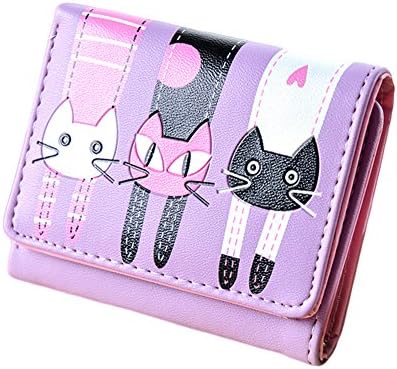 Infashionport Women's Lovely Cartoon Cat Pattern Coin Purse Card Holder Trifold Short Wallet - Violet