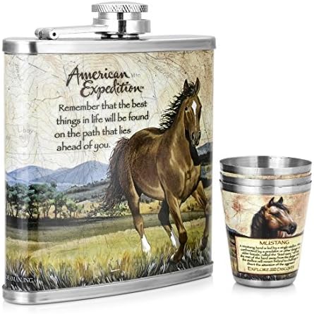 GENNISSY Portable Mini Drink Flask Stainless Steel Landscape Steed Pattern Book Type Package Hip Flask Set Gifts for Freinds