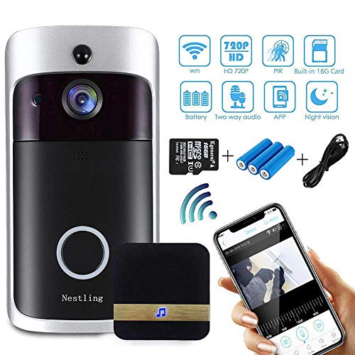 Nestling Caméra de porte vidéo intelligente 720p HD étanche IP65 16 Go carte Micro SD vision nocturne audio double sens 166 ° Grand angle de détection de mouvement PIR pour iOS et Android