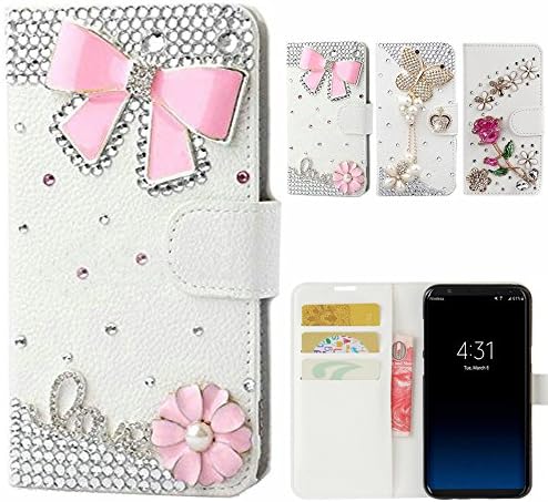 Galaxy S8 Plus Case, Jamche Premium [ 3D DIY Handwork Design ] Glitter Bling Diamonds PU Leather Magnetic Flip Open Pocket ID Credit Card Holders / Cash Slots Wallet Protective Phone Case Cover for Samsung Galaxy S8 Plus, Pink Bowknot