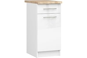 AKORD | Armadio da Cucina con Piano di Lavoro - Oliwia S40 | Mobiletto Base con Anta, Cassetto e 2 Ripiani | Mobile Ingresso | Credenza | Penisola | Armadietto | 46x40x85 cm | Bianco | Bianco lucido