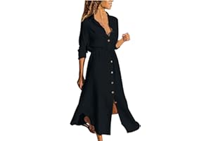 KOG Langarmkleider Damen Elegant Einfarbige V-Ausschnitt Freizeitkleider Große Größe Langarm Kleid mit Taschen Cocktailkleid Herbst Sommer Baumwolle Leinen Partykleid Strandkleid Geschenk Für Frauen