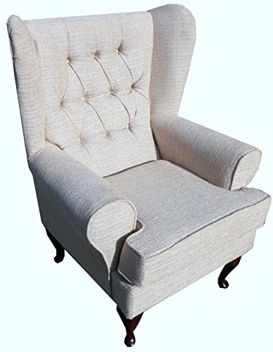 Button Back Beige Chenille Fabric Queen Anne design wing back fireside high back chair. Ideal bedroom or living room furniture