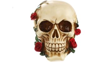 PEIQICHU Skull Bone Realistic Rose Flower Head Sculptures Aged Model for Gothic Halloween Party Decoration Mexican Day of the Dead Props Desk Ornament Resin Skeleton Décor Figurine