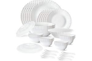 Larah by Borosil Plain White Silk Series Opalware Dinner Set | 35 Pieces for Family of 6 | Microwave & Dishwasher Safe | Bone